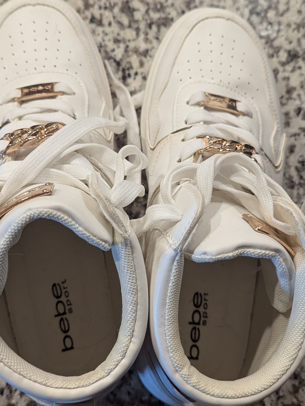 bebe White Platform Sneakers with Gold Accents